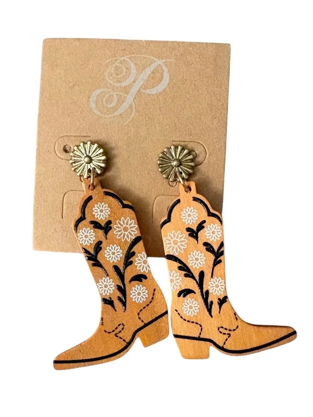 Plunder Orange Floral Cowboy Boot Drop Earrings NEW